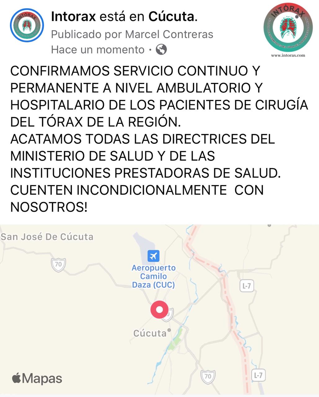 CONFIRMAMOS SERVICIO CONTINUO Y  PERMANENTE A NIVEL AMBULATORIO Y HOSPITALARIO DE LOS PACIENTES DE CIRUGÍA DEL TÓRAX DE LA REGIÓN.  ACATAMOS TODAS LAS DIRECTRICES DEL MINISTERIO DE SALUD Y DE LAS INSTITUCIONES PRESTADORAS DE SALUD.  CUENTEN INCONDICIONALMENTE  CON NOSOTROS!