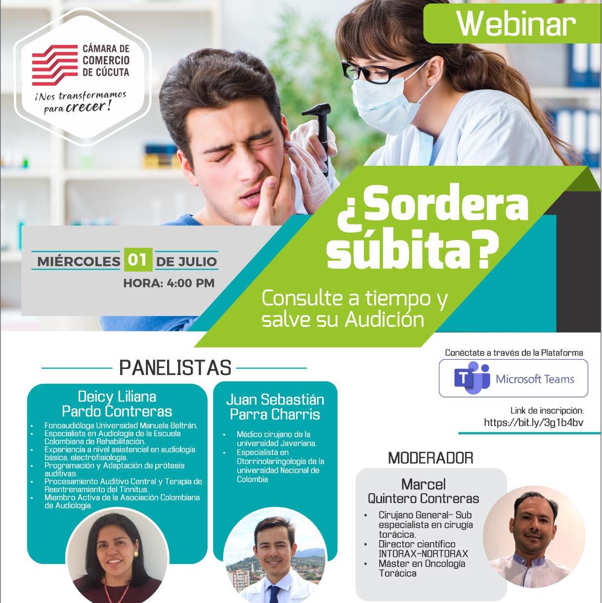Acompáñanos este miércoles 1 de julio a las 4:00 pm e infórmate sobre una patología frecuente que afecta la audición sin importar la edad o condición social. Inscripción: https://bit.ly/3g1b4bv. Posterior a tu inscripción, el día del webinar, horas antes de comenzar, recibirás en tu correo el link de acceso directo a la charla.