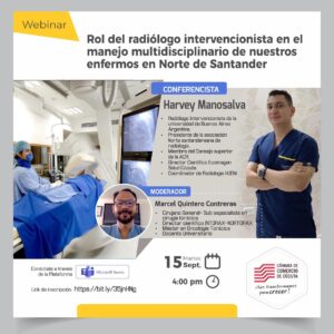 Acompáñanos este martes 15 de septiembre a las 4.00 PM al webinar denominado: Rol del radiólogo intervencionista en el manejo multidisciplinario de nuestros enfermos en Norte de Santander. Inscríbete: https://bit.ly/35jnHNg