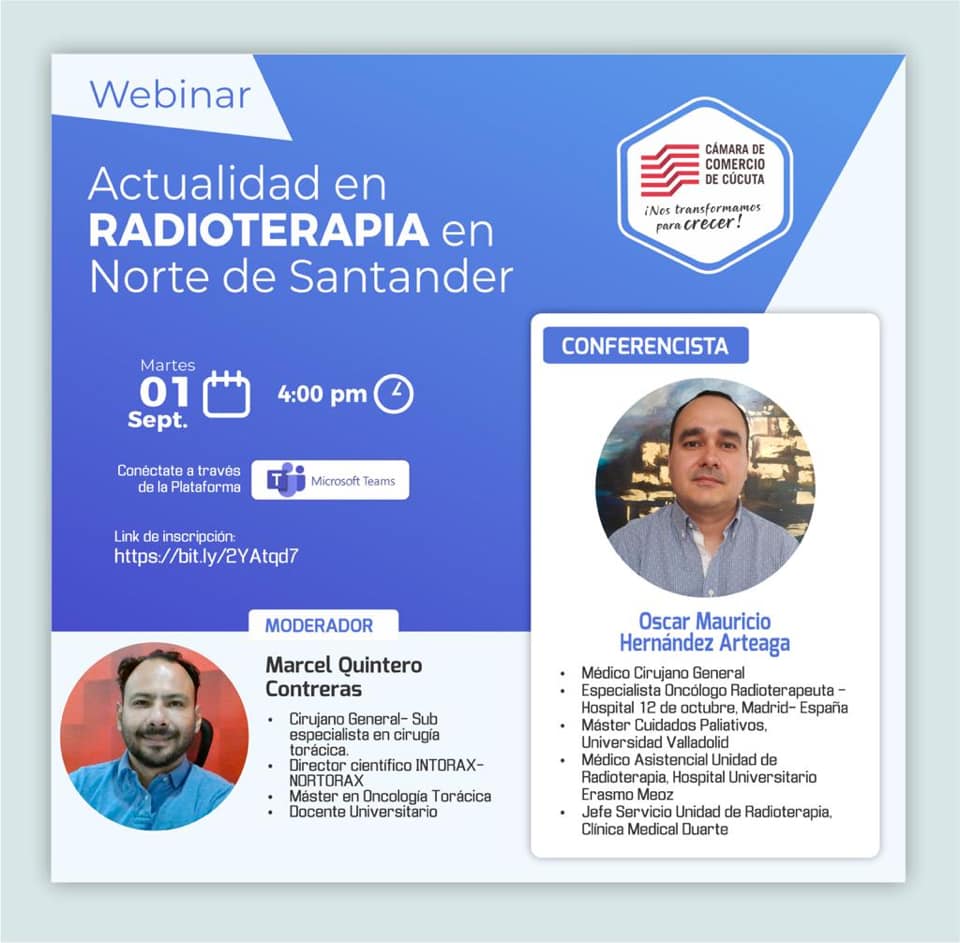 Te invitamos a participar el próximo martes 1 de septiembre a las 4:00 PM en nuestro webinar denominado: Actualidad en Radioterapia en Norte de Santander. Únete a la conversación y conoce detalles de esta práctica médica. Inscríbete: https://bit.ly/2YAtqd7
