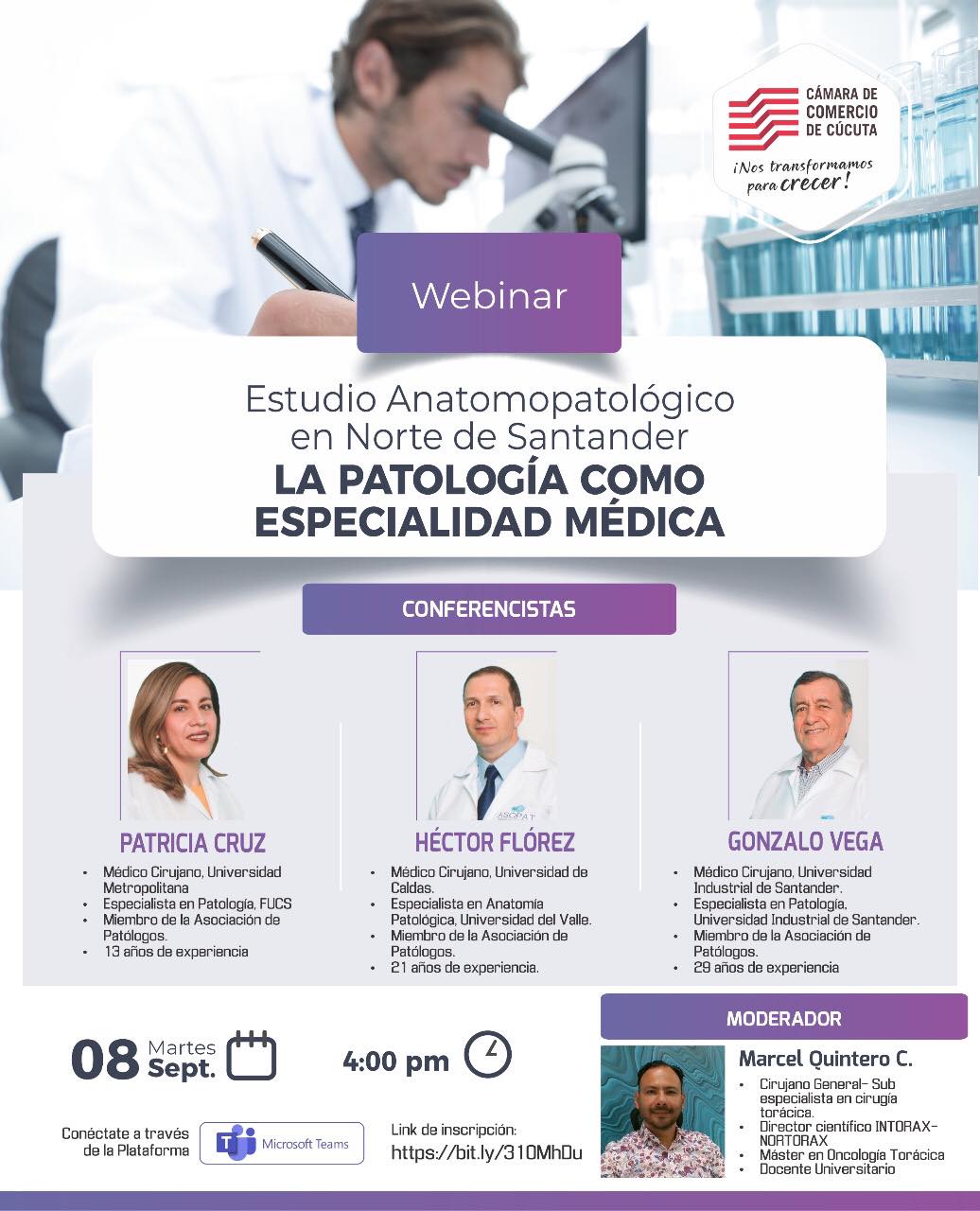 Te invitamos a participar en nuestro Webinar: Estudio Anatomopatológico en Norte de Santander, la Patología como Especialidad Médica. Un panel de expertos de las más altas calidades científicas estará con nosotros este martes 8 de septiembre a las 4:00 PM. Inscríbete: https://bit.ly/31OMhDu
