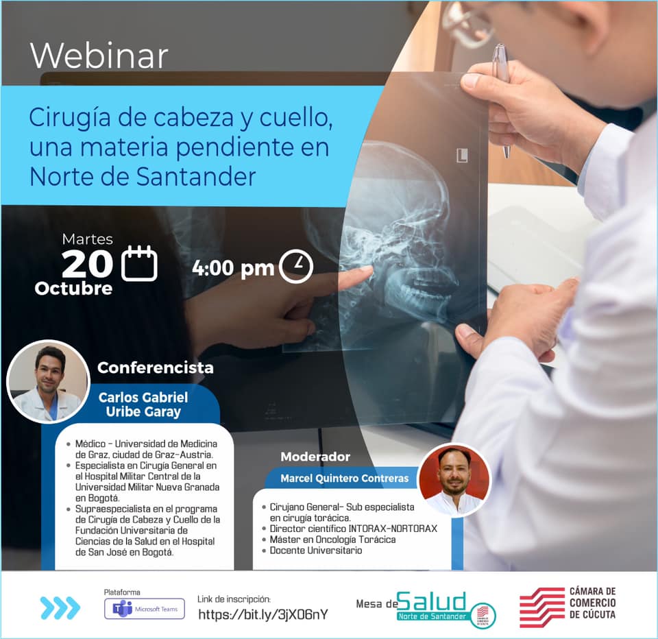 Nuestra Mesa de Salud tiene todo listo para su webinar sobre Cirugía de Cabeza y Cuello, analizando sus implicaciones en Norte de Santander con un panel experto. Te esperamos este martes 20 de octubre a las 4:00 p.m.