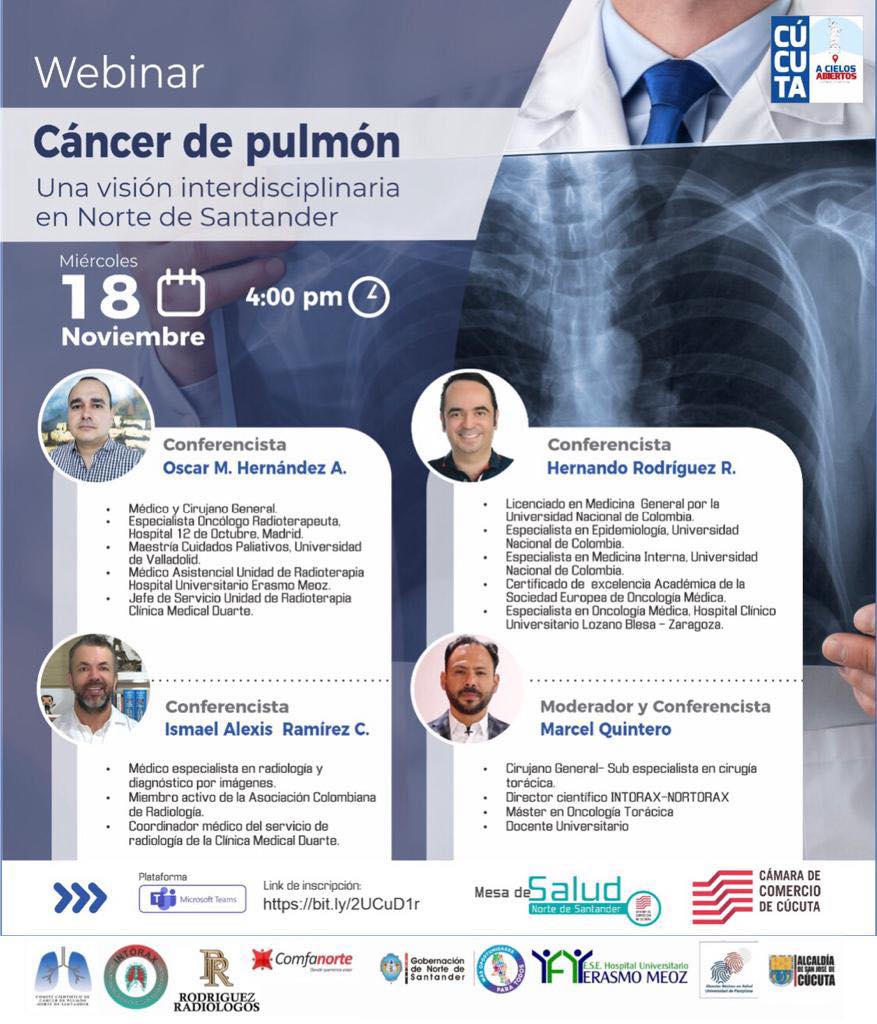 Te invitamos el próximo miércoles 18 de noviembre a las 4:00 p.m. a participar en el webinar: Cancer de Pulmón, una visión interdisciplinaria en Norte de Santander. Inscríbete: <a href="https://bit.ly/2UCuD1r?fbclid=IwAR2UVilCMFBKj8l-ONLfavxCWBsXESXBKQLPn-_TrsYAs7sL6YCzGul_0aI" rel="noreferrer noopener" target="_blank">https://bit.ly/2UCuD1r</a><a href="https://www.facebook.com/hashtag/unanuevahistoria?__eep__=6&__cft__[0]=AZWDAbZGuM_rF0O268qBfhphIWpEHZ6F9ZexzvaOwuOlQyezcA-JtJFnNA8IHwNiptCK6agKtLwsFKIigVRkhjHjvKyeRMtmOD2vCPYP2TwH6mC-CE1eZpA28g1SlnBRWBg5rrL8mo5ZenV_F_5QMTkC&__tn__=*NK-R">#UnaNuevaHistoria</a><a href="https://www.facebook.com/hashtag/camaracucuta?__eep__=6&__cft__[0]=AZWDAbZGuM_rF0O268qBfhphIWpEHZ6F9ZexzvaOwuOlQyezcA-JtJFnNA8IHwNiptCK6agKtLwsFKIigVRkhjHjvKyeRMtmOD2vCPYP2TwH6mC-CE1eZpA28g1SlnBRWBg5rrL8mo5ZenV_F_5QMTkC&__tn__=*NK-R">#CamaraCucuta</a><a href="https://www.facebook.com/hashtag/reactivacioneconomica?__eep__=6&__cft__[0]=AZWDAbZGuM_rF0O268qBfhphIWpEHZ6F9ZexzvaOwuOlQyezcA-JtJFnNA8IHwNiptCK6agKtLwsFKIigVRkhjHjvKyeRMtmOD2vCPYP2TwH6mC-CE1eZpA28g1SlnBRWBg5rrL8mo5ZenV_F_5QMTkC&__tn__=*NK-R">#ReactivacionEconomica</a><a href="https://www.facebook.com/hashtag/acielosabiertos?__eep__=6&__cft__[0]=AZWDAbZGuM_rF0O268qBfhphIWpEHZ6F9ZexzvaOwuOlQyezcA-JtJFnNA8IHwNiptCK6agKtLwsFKIigVRkhjHjvKyeRMtmOD2vCPYP2TwH6mC-CE1eZpA28g1SlnBRWBg5rrL8mo5ZenV_F_5QMTkC&__tn__=*NK-R">#ACielosAbiertos</a>