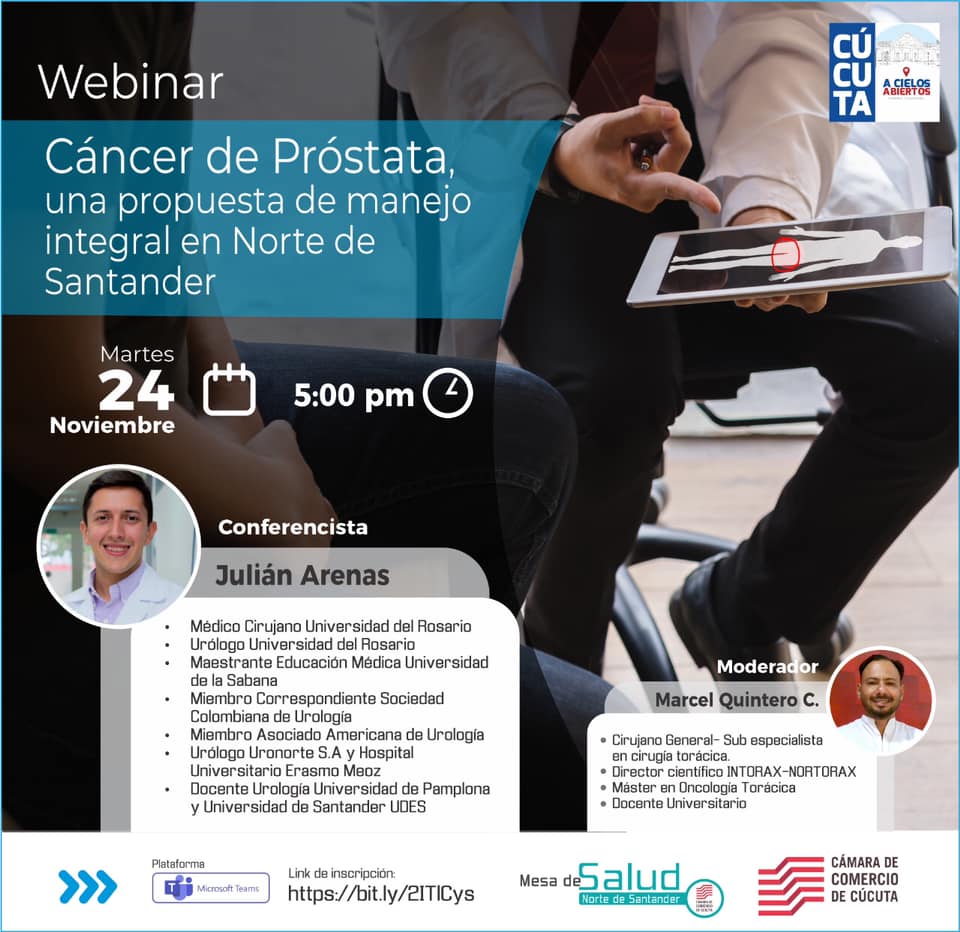 Te invitamos este martes 24 de noviembre a las 5:00 p.m. al webinar que ofrecerá nuestra mesa de salud denominado: Cancer de próstata, una propuesta de manejo integral en Norte de Santander.