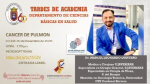 #ConTotalÉxito se llevo a cabo «Tardes de academia» un espacio desarrollado por el Departamento de Ciencias Básicas en salud para toda la comunidad Universitaria, gracias Dr. Marcel Leonardo quintero, por su excelente conferencia titulada «CANCER DE PULMÓN» y a todos los asistentes.