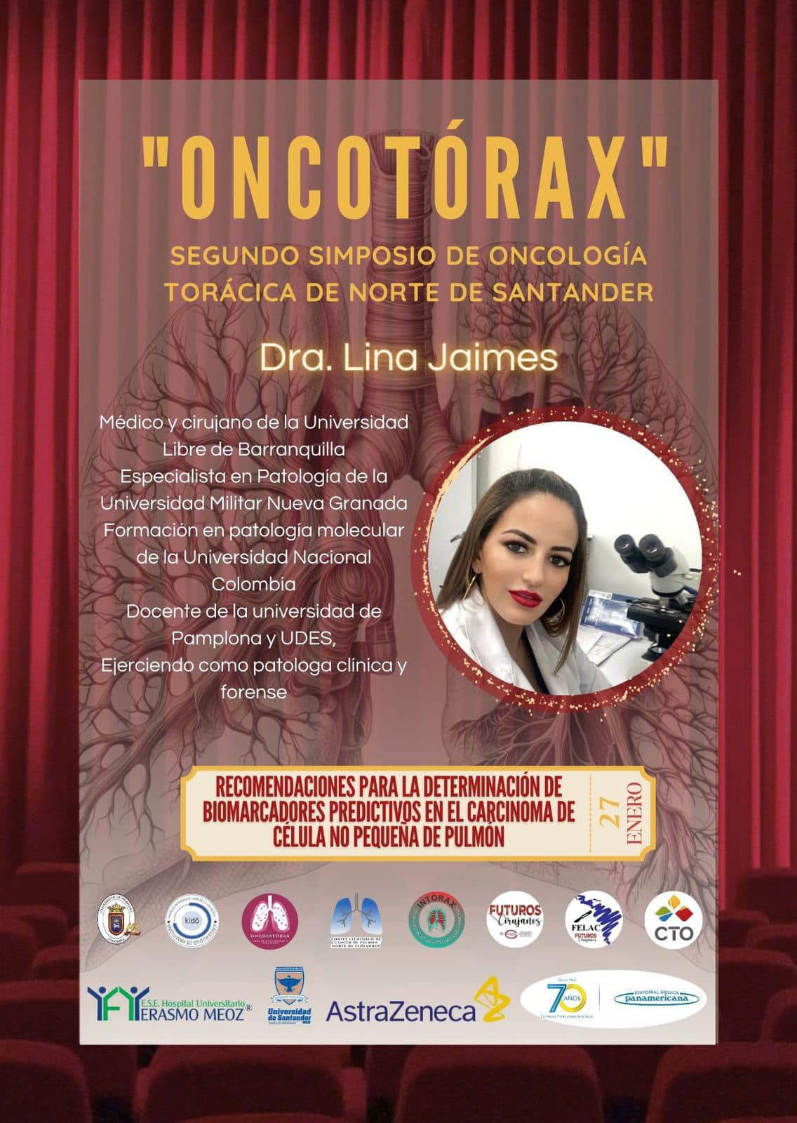 Es un honor presentarles a la Dra. Lina Jaimes, graduada como Médico y cirujano de la Universidad Libre de Barranquilla y especializada en Patología en la Universidad Militar Nueva Granada. Además, ha recibido formación en patología molecular en la Universidad Nacional de Colombia. Actualmente, ejerce como patóloga clínica y forense, y también comparte sus conocimientos como docente en la Universidad de Pamplona y UDES. Con su vasta experiencia, nos hablará sobre las recomendaciones para la determinación de biomarcadores predictivos en el carcinoma de célula no pequeña de pulmón. Estamos ansiosos por escuchar sus perspectivas y conocimientos en este tema. Le cedemos la palabra a la Dra. Lina Jaimes.