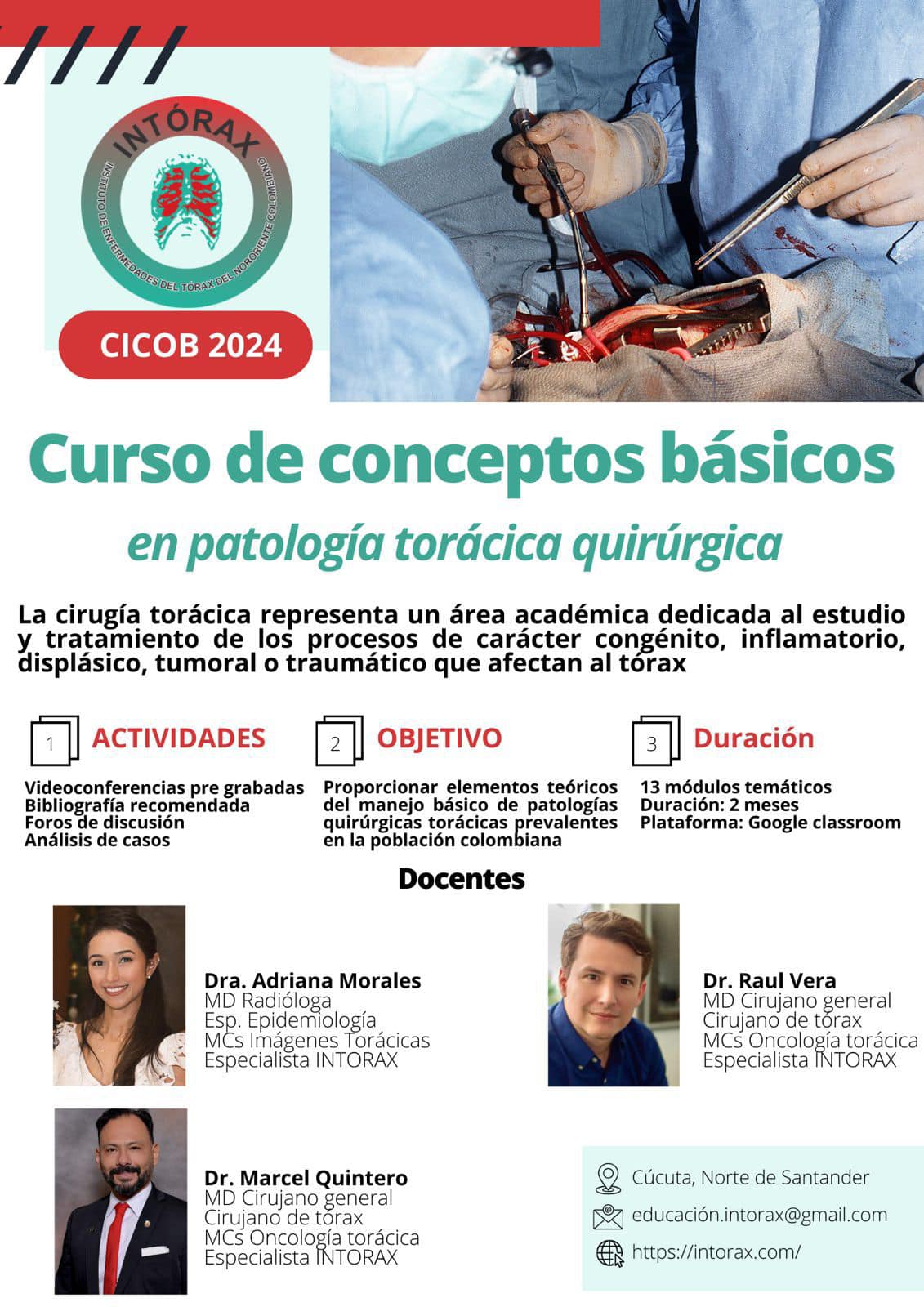 Para nosotros es un placer anunciarles la nueva versión de nuestro curso CICOB 2024. En esta versión contamos con un total de 13 módulos académicos en los que se tratan temas de patología quirúrgica torácica, además de la inclusión de un nuevo módulo de radiología que le permitirá a la comunidad académica en general generar unas bases sólidas para el abordaje de este tipo de patología